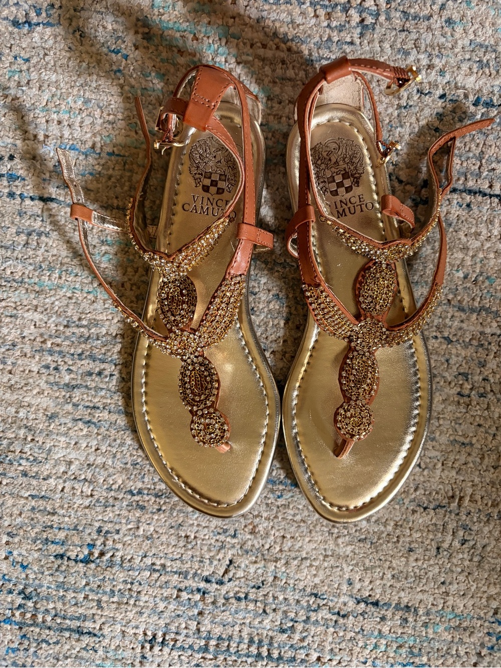 Vince Camuto Tan Leather Sandals with Gold Footbed and Crystal Accents